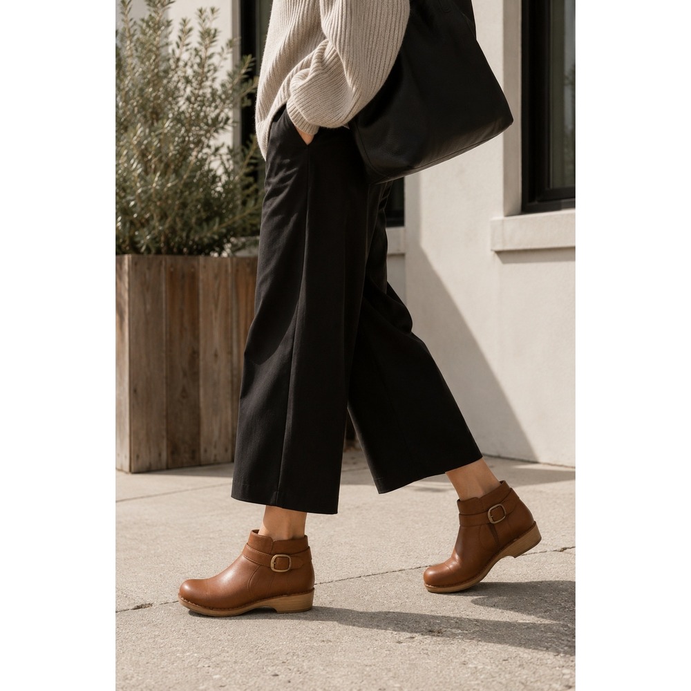Dansko BRENNAN Leather Ankle Boots Women 11 Tan Buckle Side Zip Clog